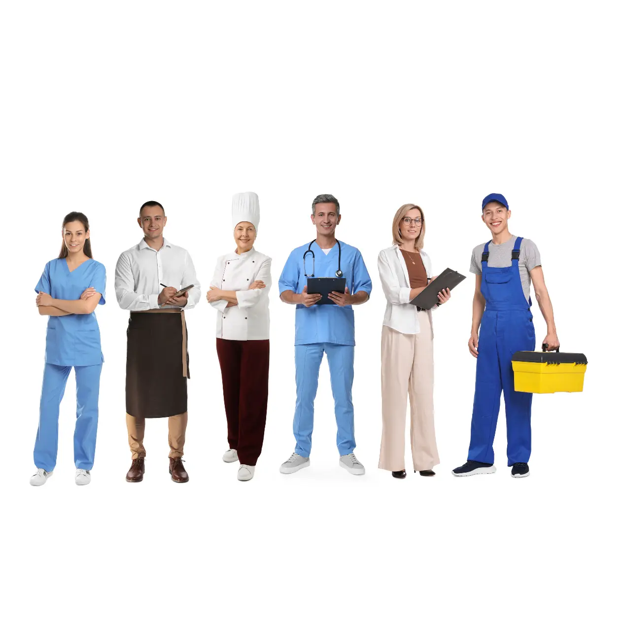 Row of six uniformed professionals — healthcare, hospitality, and industrial roles — each in their work uniform