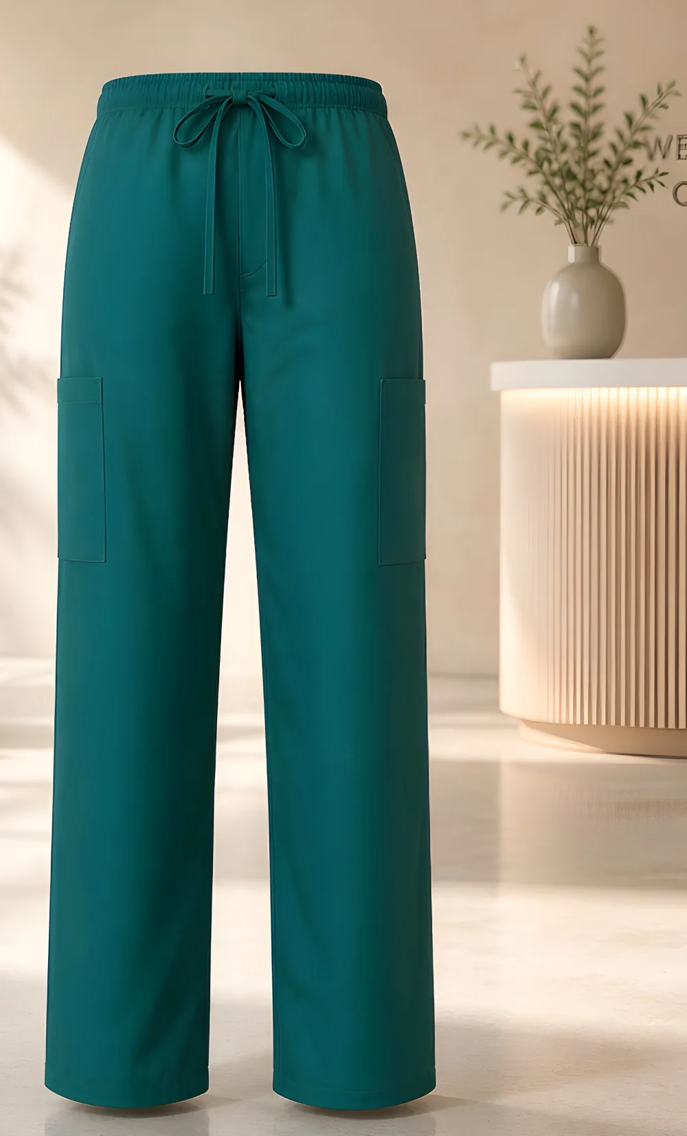 Green unisex scrub pant with drawstring waist and cargo pockets